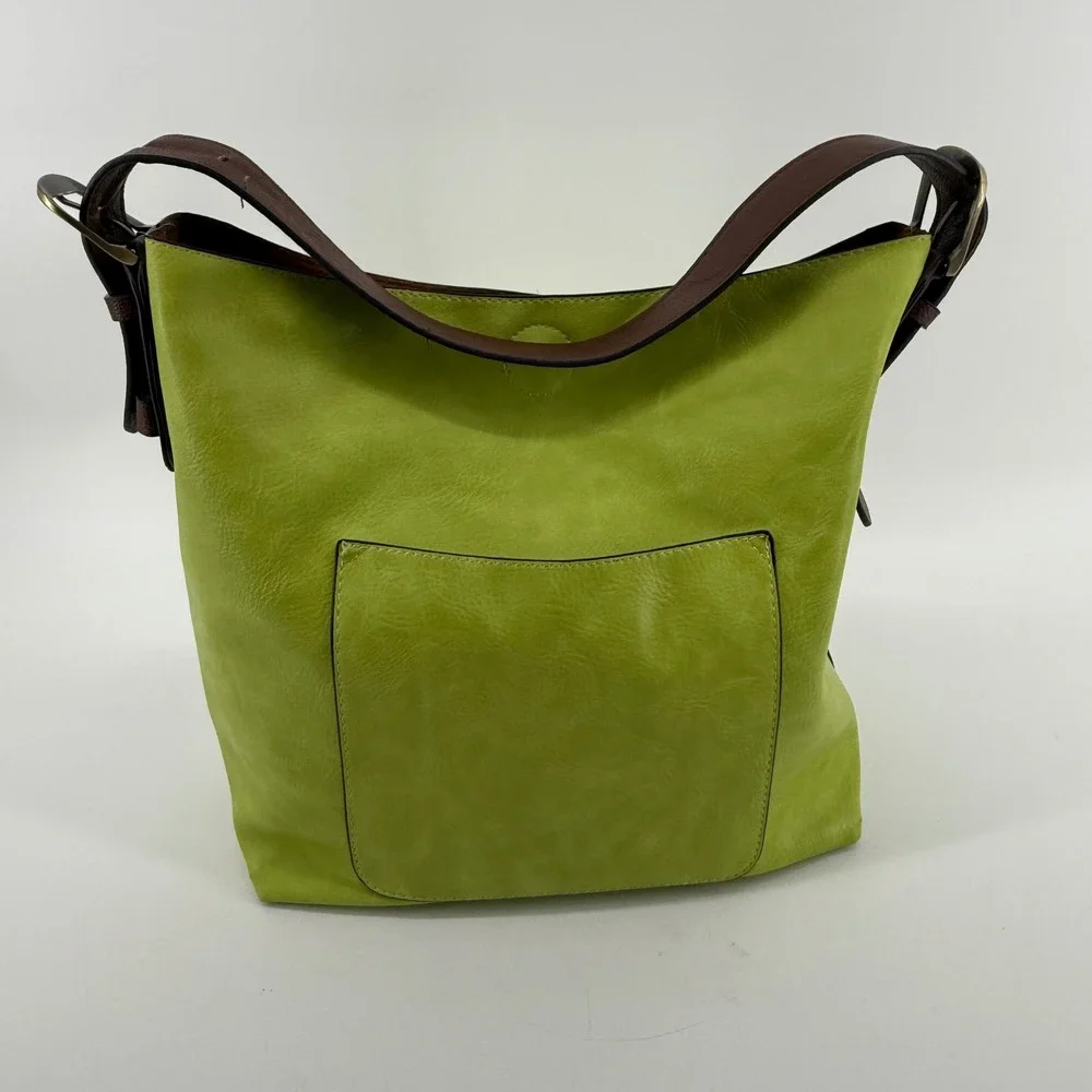 Lime Green Faux Leather Hobo Bag Brown Adjustable Buckle Strap Shoulder Tote